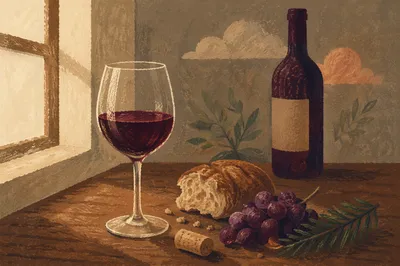 Rustic Communion Bread Wine and Evergreen