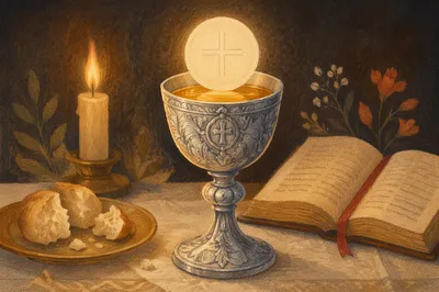 Reverent Communion Chalice with Bread and Wine