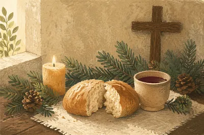 Evergreen Communion Bread and Wine Still Life