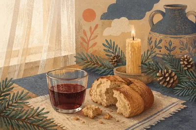 Evergreen Communion Bread and Wine Still Life