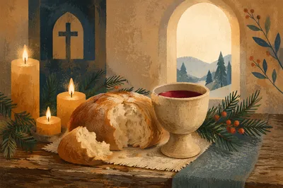 Evergreen Communion Bread and Wine Still Life