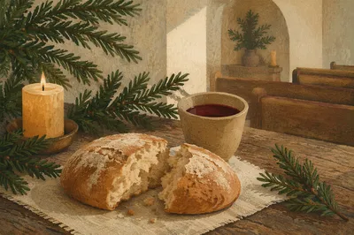 Rustic Communion Bread and Wine with Evergreen
