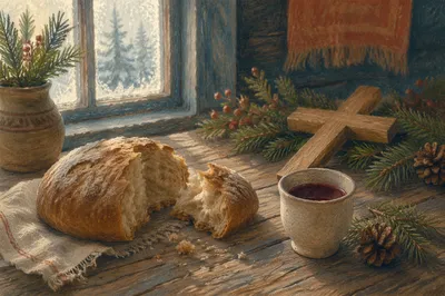 Rustic Communion Bread and Wine with Evergreen