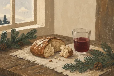 Evergreen Communion Bread and Wine Still Life