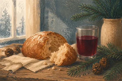 Rustic Bread and Wine Communion Still Life