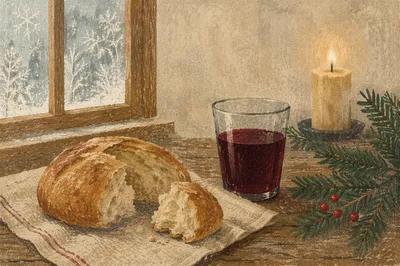 Rustic Communion Bread and Wine with Evergreens
