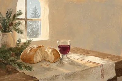 Evergreen Communion Bread and Wine Still Life