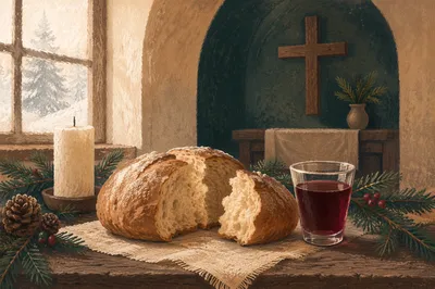 Evergreen Communion Bread and Wine Still Life
