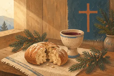 Rustic Evergreen Communion Bread and Wine