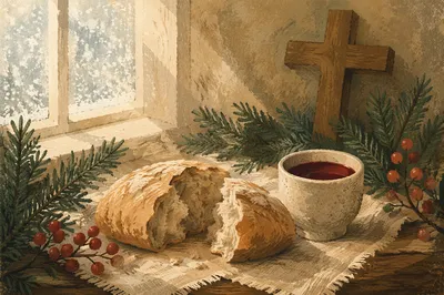 Evergreen Communion Bread and Wine Still Life