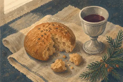 Rustic Communion Bread and Wine Still Life