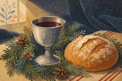 Evergreen Communion Bread and Wine Still Life