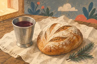Evergreen Communion Bread and Wine Still Life