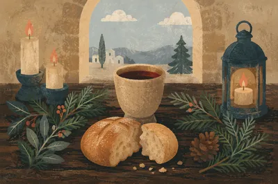 Evergreen Communion Bread and Wine Still Life