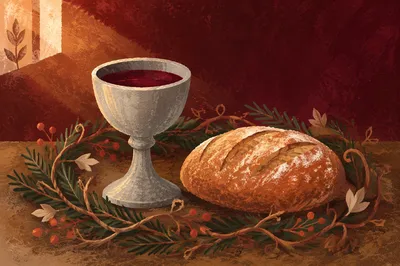 Evergreen Communion Bread and Wine Still Life
