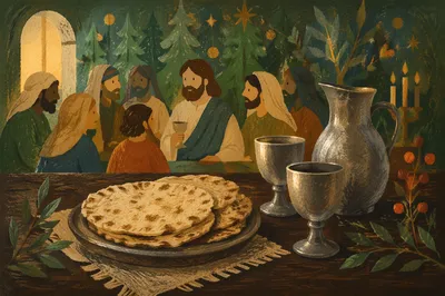 Evergreen Communion Bread and Silver Chalices