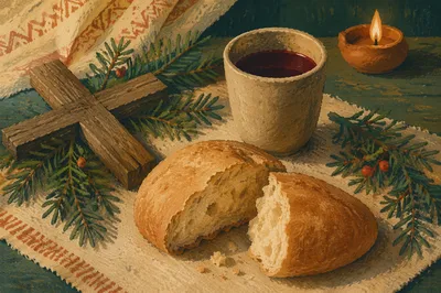 Rustic Communion Bread and Wine with Evergreen
