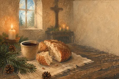 Evergreen Communion Bread and Wine Still Life