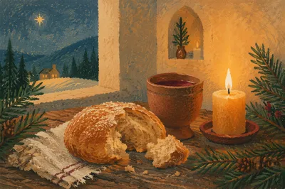Evergreen Communion Bread and Wine Still Life