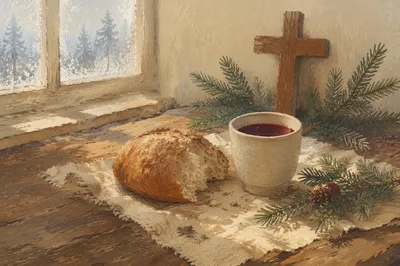 Rustic Communion Bread and Wine with Evergreens