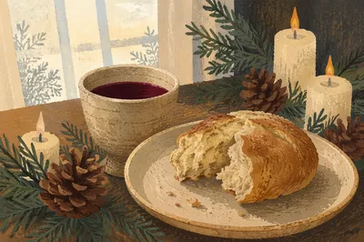 Evergreen Communion Bread and Wine Still Life