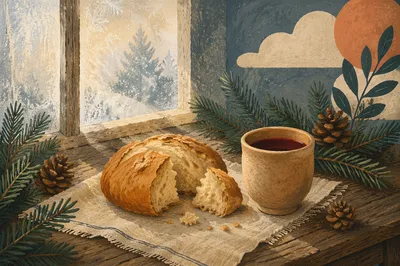 Evergreen Communion Bread and Wine Still Life
