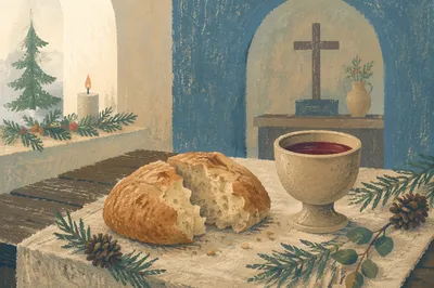 Evergreen Communion Bread and Wine Still Life