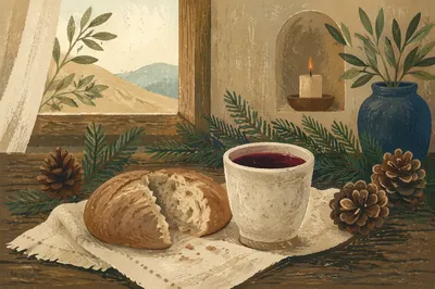 Evergreen Communion Bread and Wine Still Life