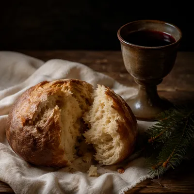 Rustic Communion Bread and Wine Still Life
