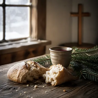 Evergreen Communion Bread and Wine Still Life