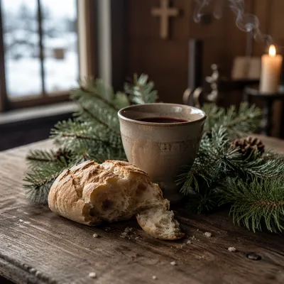 Communion Still Life with Evergreen Wreath