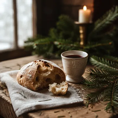 Evergreen Communion Bread and Wine Still Life
