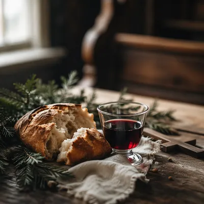 Evergreen Communion Bread and Wine Still Life