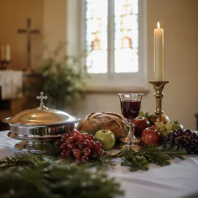 Communion Bread Wine and Evergreen Chapel Still Life