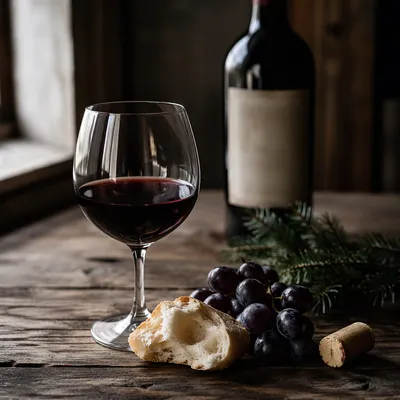 Rustic Communion Bread Wine and Evergreen