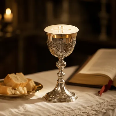 Reverent Communion Chalice with Bread and Wine