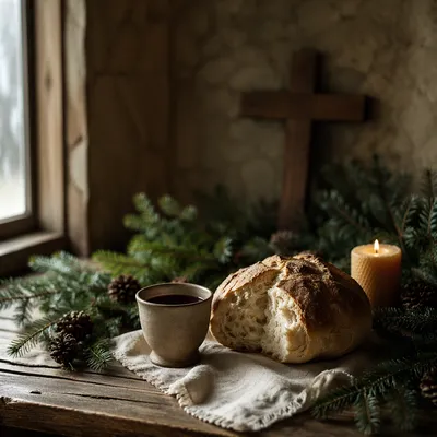 Evergreen Communion Bread and Wine Still Life