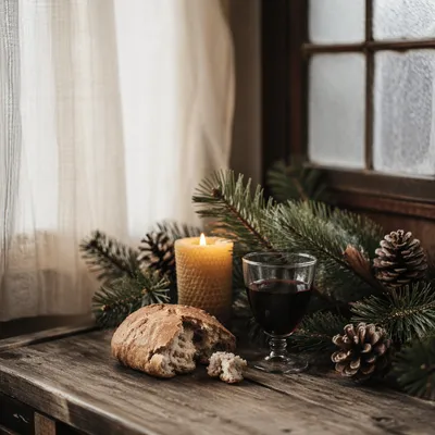 Evergreen Communion Bread and Wine Still Life
