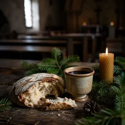 Evergreen Communion Bread and Wine Still Life