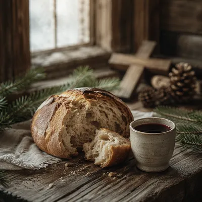 Evergreen Communion Bread and Wine Still Life