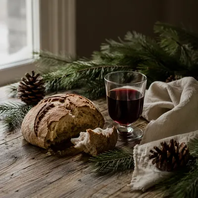 Evergreen Communion Bread and Wine Still Life