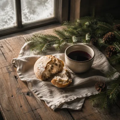 Evergreen Communion Bread and Wine Still Life