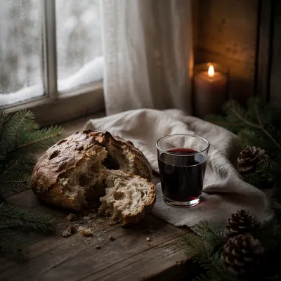 Evergreen Communion Bread and Wine Still Life