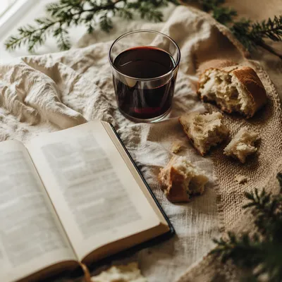 Evergreen Communion Bread and Wine Still Life