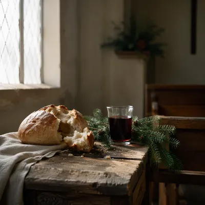 Evergreen Communion Bread and Wine Still Life