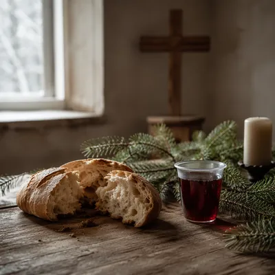 Evergreen Communion Bread and Wine Still Life