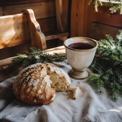 Evergreen Communion Bread and Wine Still Life