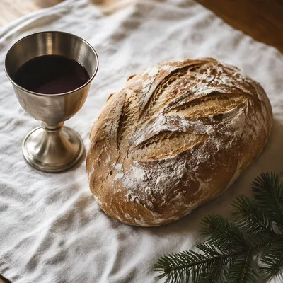 Evergreen Communion Bread and Wine Still Life