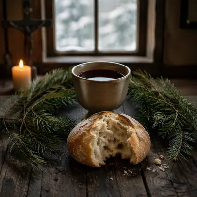 Evergreen Communion Bread and Wine Still Life
