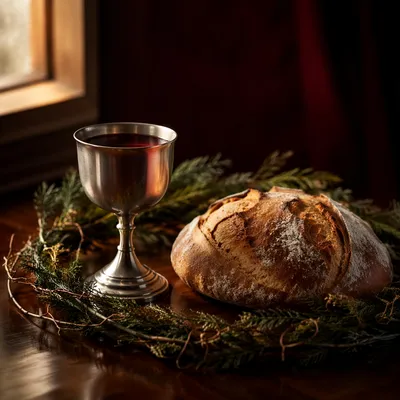 Evergreen Communion Bread and Wine Still Life
